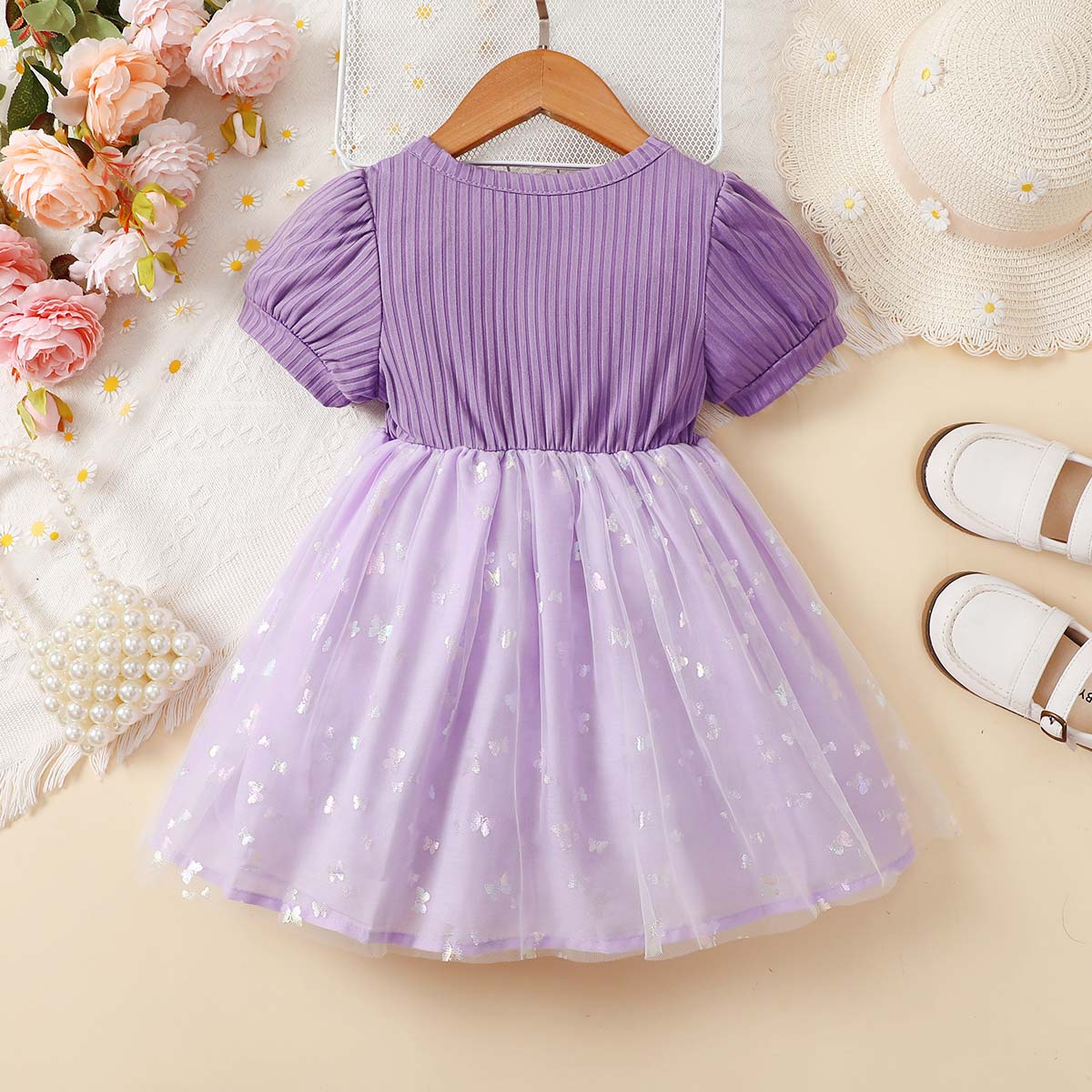 Toddler girl's  purple butterfly mesh dress