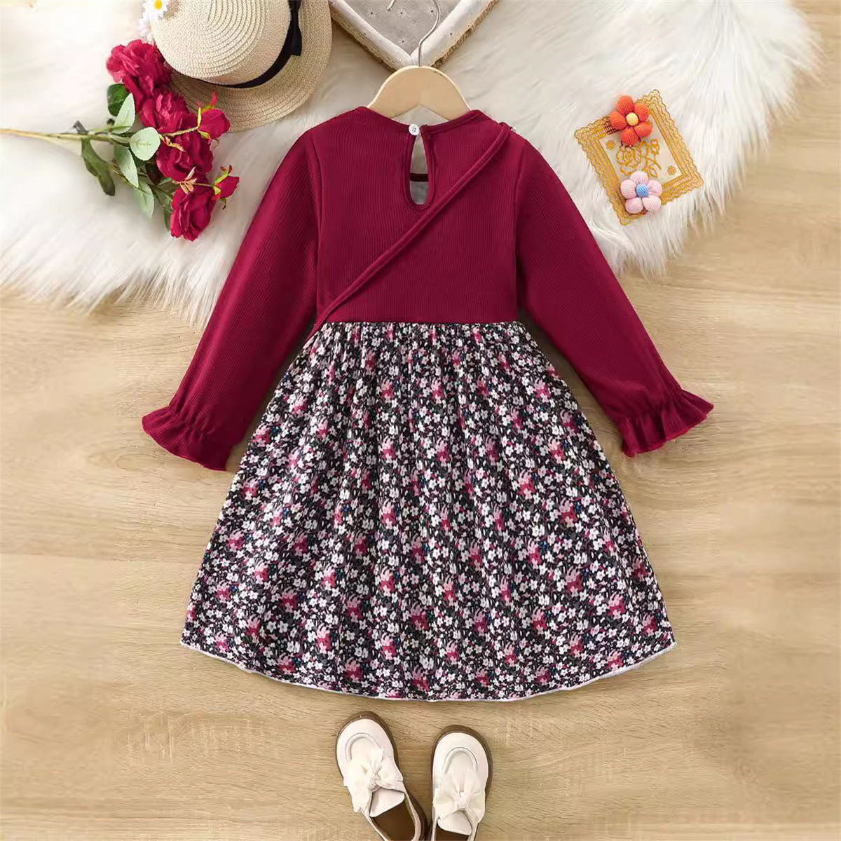 Girls Floral Dress Knitted Splicing Top Princess Dress Autumn Ruffles