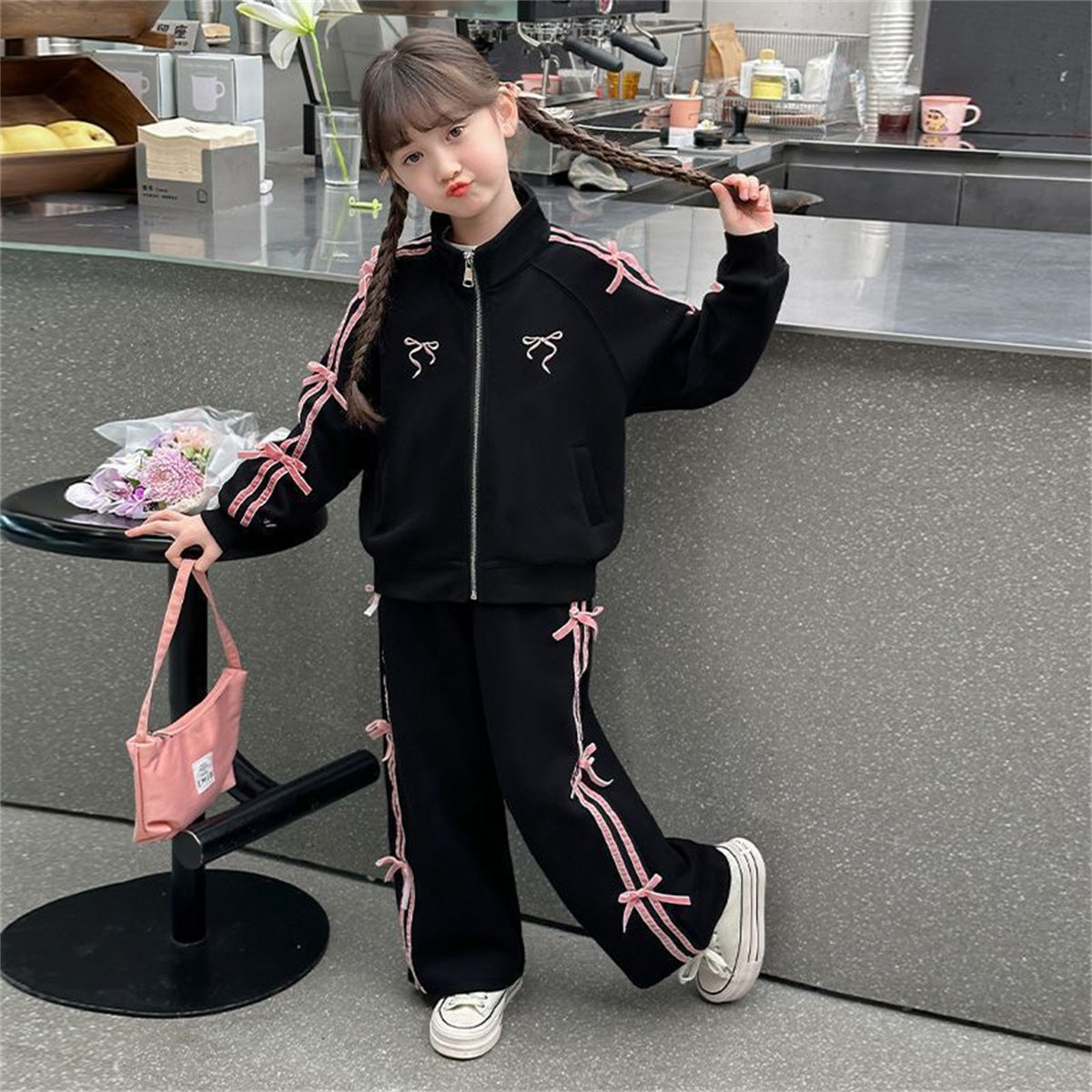 Sports suit children's bow fashionable cardigan fashionable sweatpants two-piece set