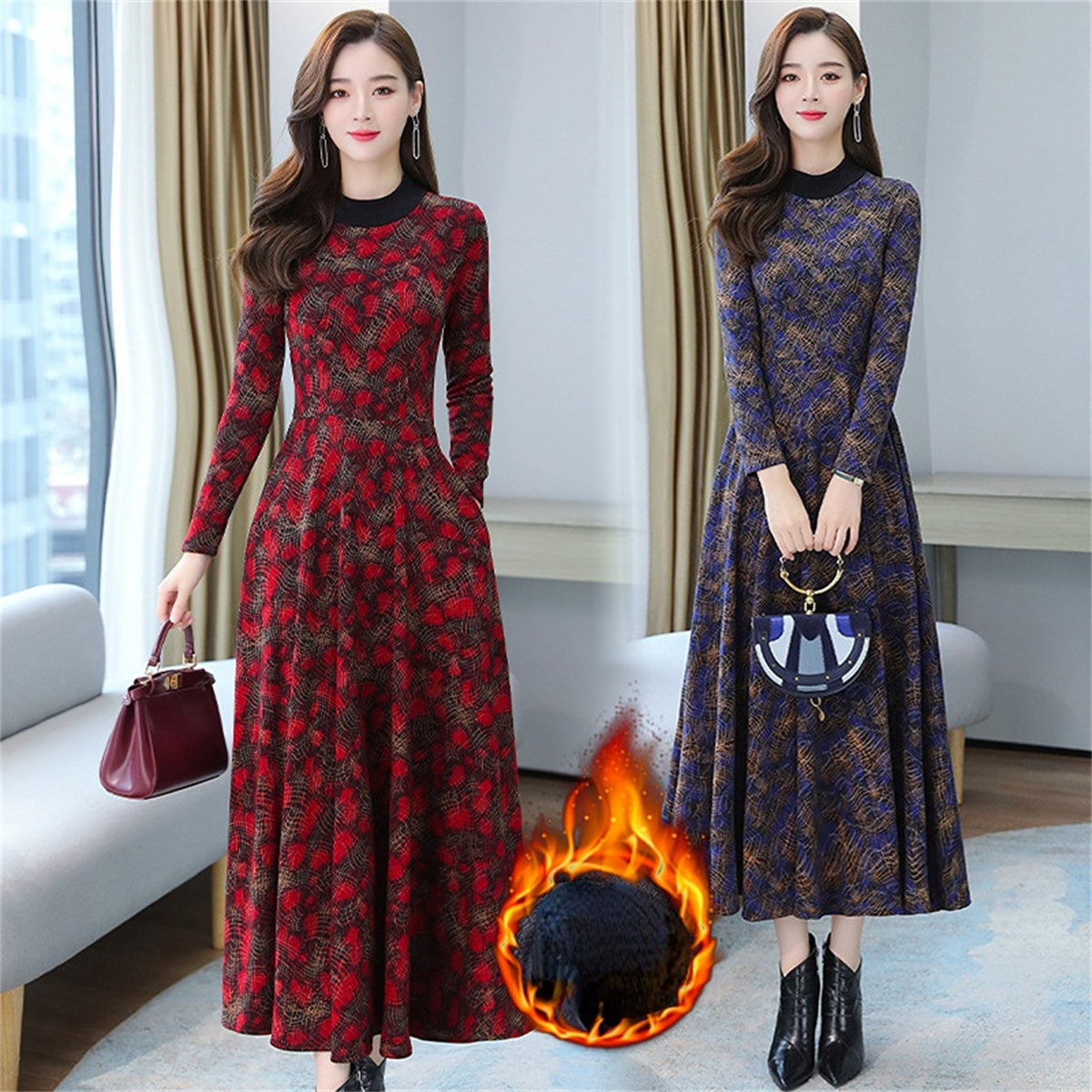 Warm mother's velvet dress knee-length dress