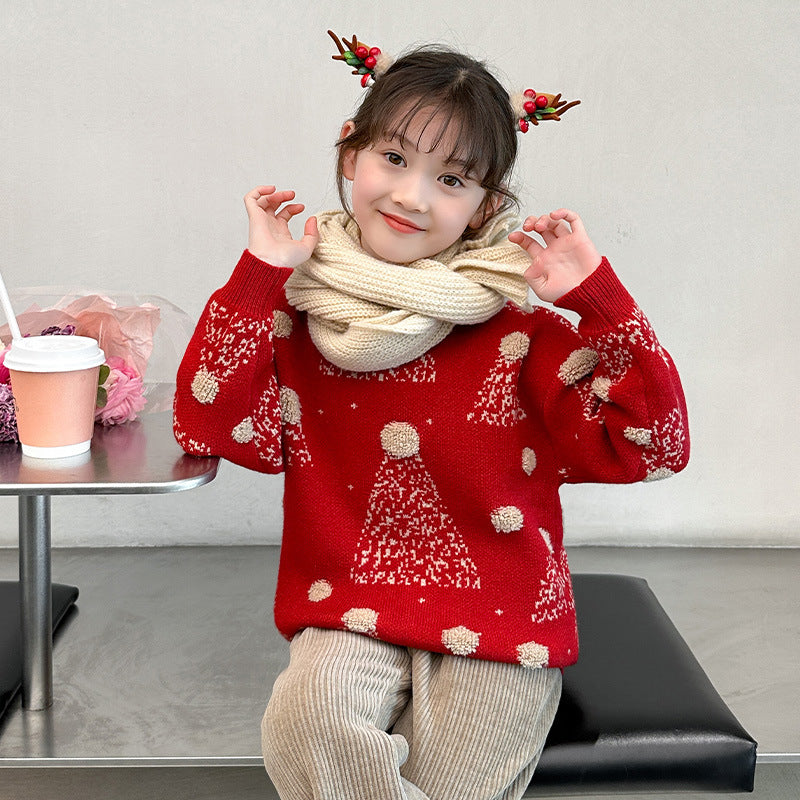 Winter red base sweater plus velvet thickened children's girls knitted sweater