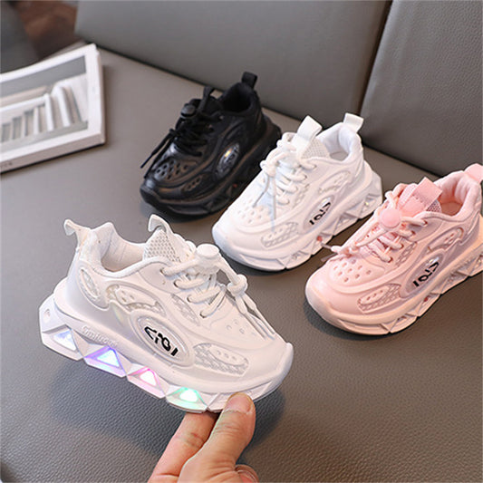 Children's spring and autumn pure color simple series luminous LED buckle breathable sports shoes