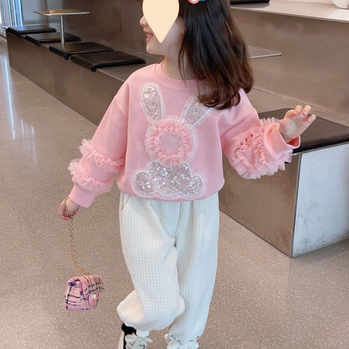 Girls' fleece sweatshirt new spring and autumn clothes for girls bunny pullover top children's pink long sleeve