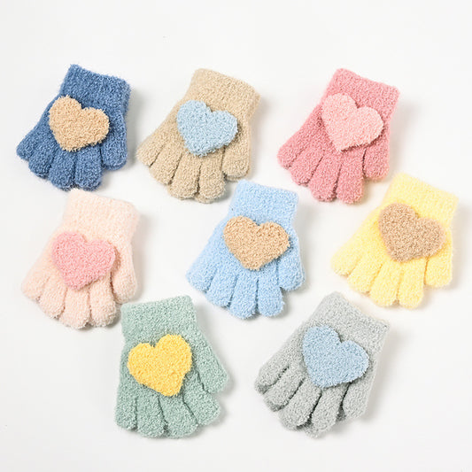 Children's Girls Love Knitted Autumn and Winter Five-Finger Warm Thickened Gloves