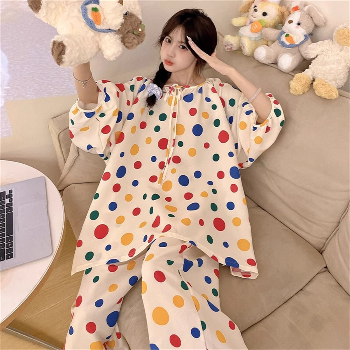 Colorful polka dot loose pajamas and home wear set