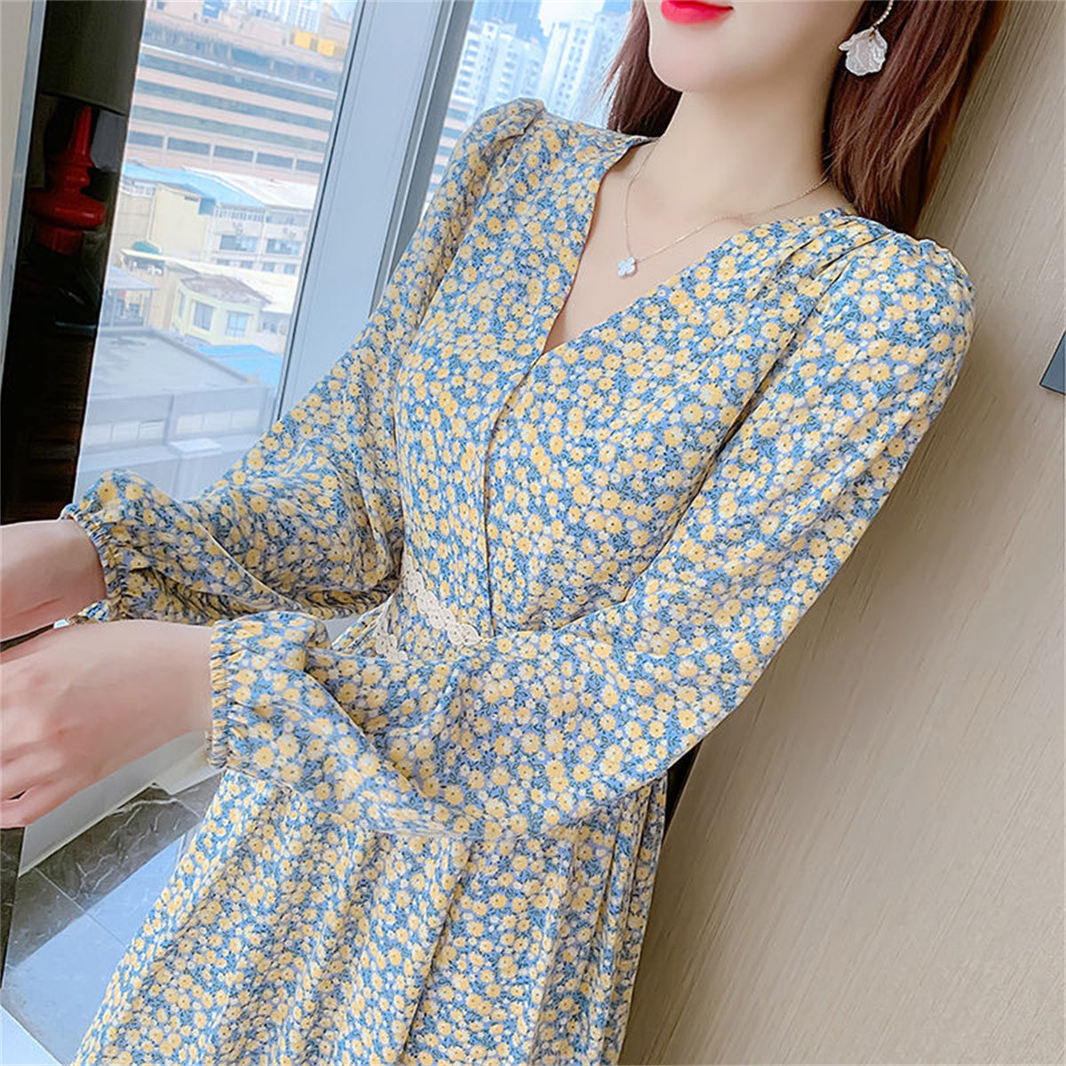 Women's floral dress V-neck slim waist long dress