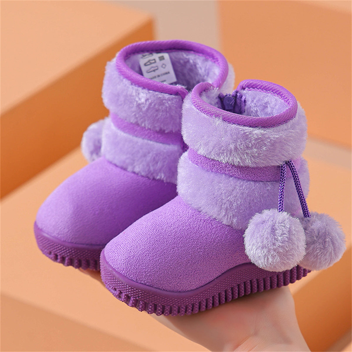 Children's girls cute bright color furry cute snow boots waterproof non-slip high top cotton shoes