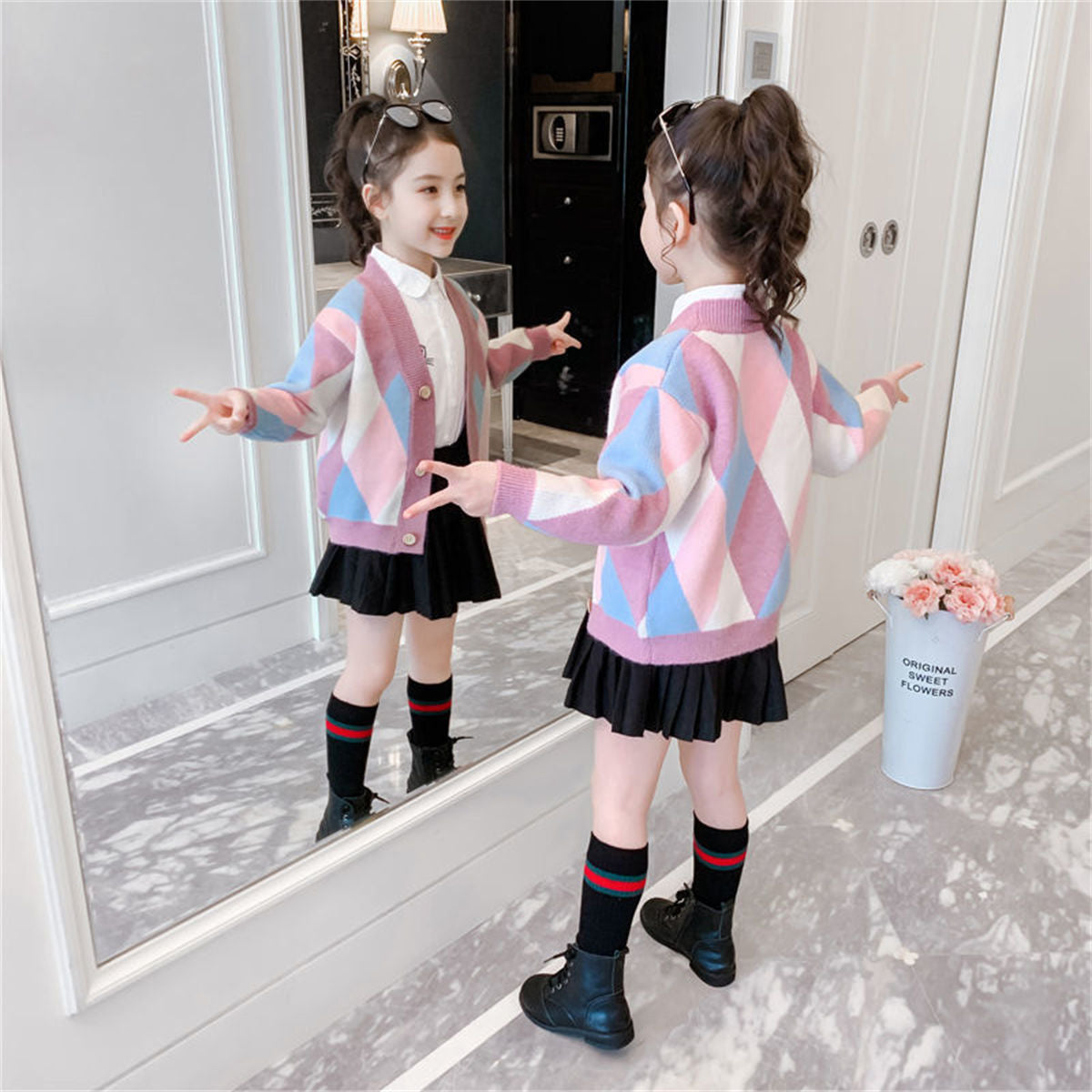 Cute diamond pattern sweet style sweater cardigan for middle and large children girls