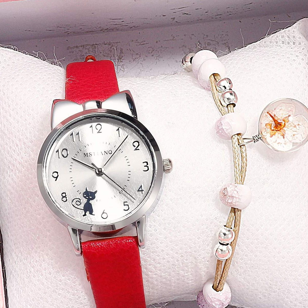 Children Girls 2-piece Set Cute Lady Style Cartoon Cat Moon Bracelet Watch