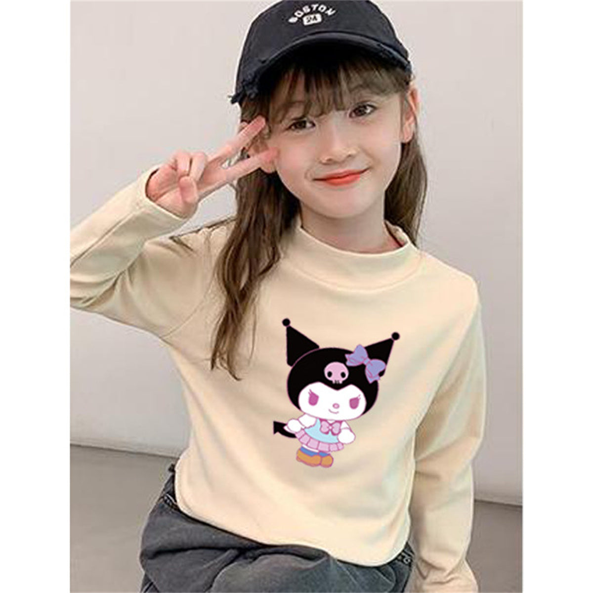 Girls&#39; German velvet half turtleneck bottoming shirt with cartoon print inner wear