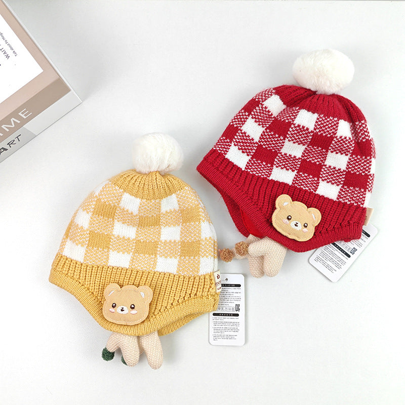 Children's boys and girls cute doll bear plaid knitted warm pullover wool hat