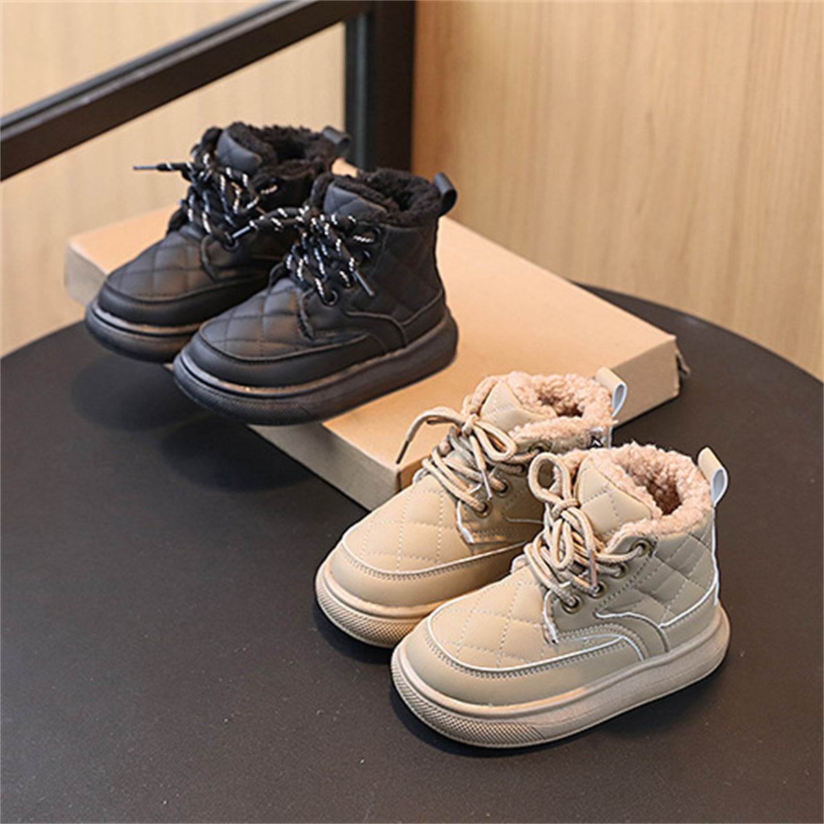 Children's girls' solid color simple British style warm plus velvet fashionable waterproof non-slip high top cotton shoes