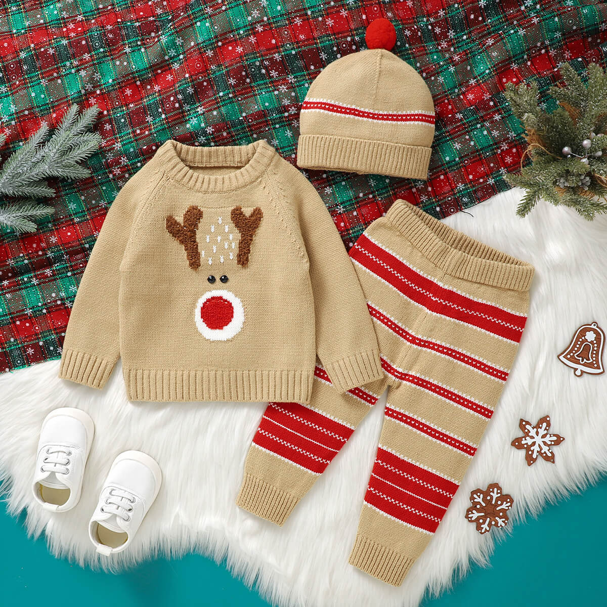 Baby Christmas Elk Jacquard Knitted Set + Hat