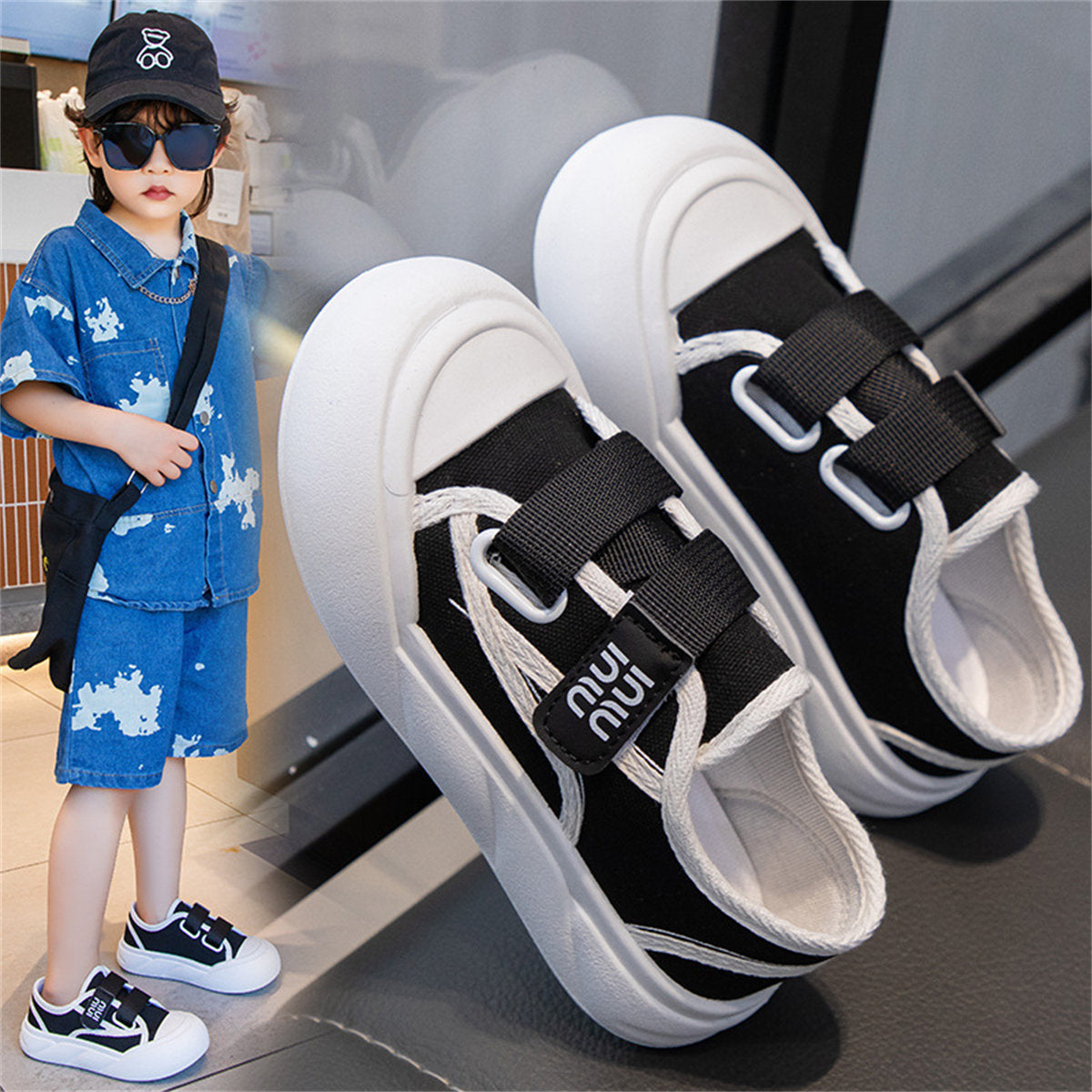 Middle and large boys spring and autumn urban casual style supportive Velcro low-top canvas shoes