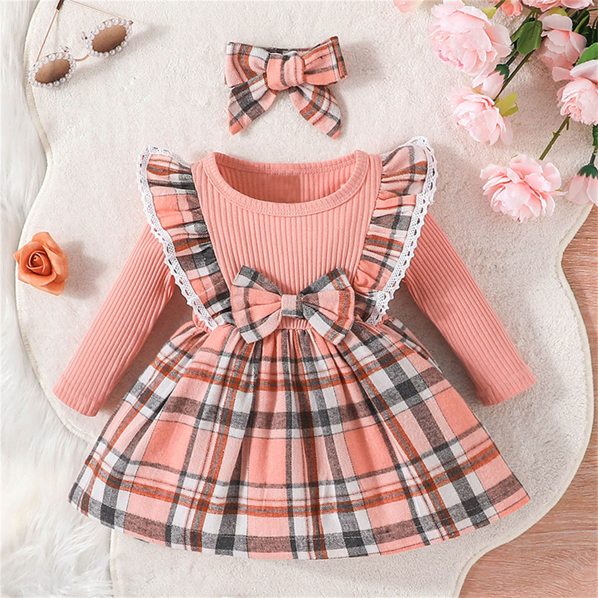 Baby Girl Christmas Long Sleeve Plaid Bowknot Dress