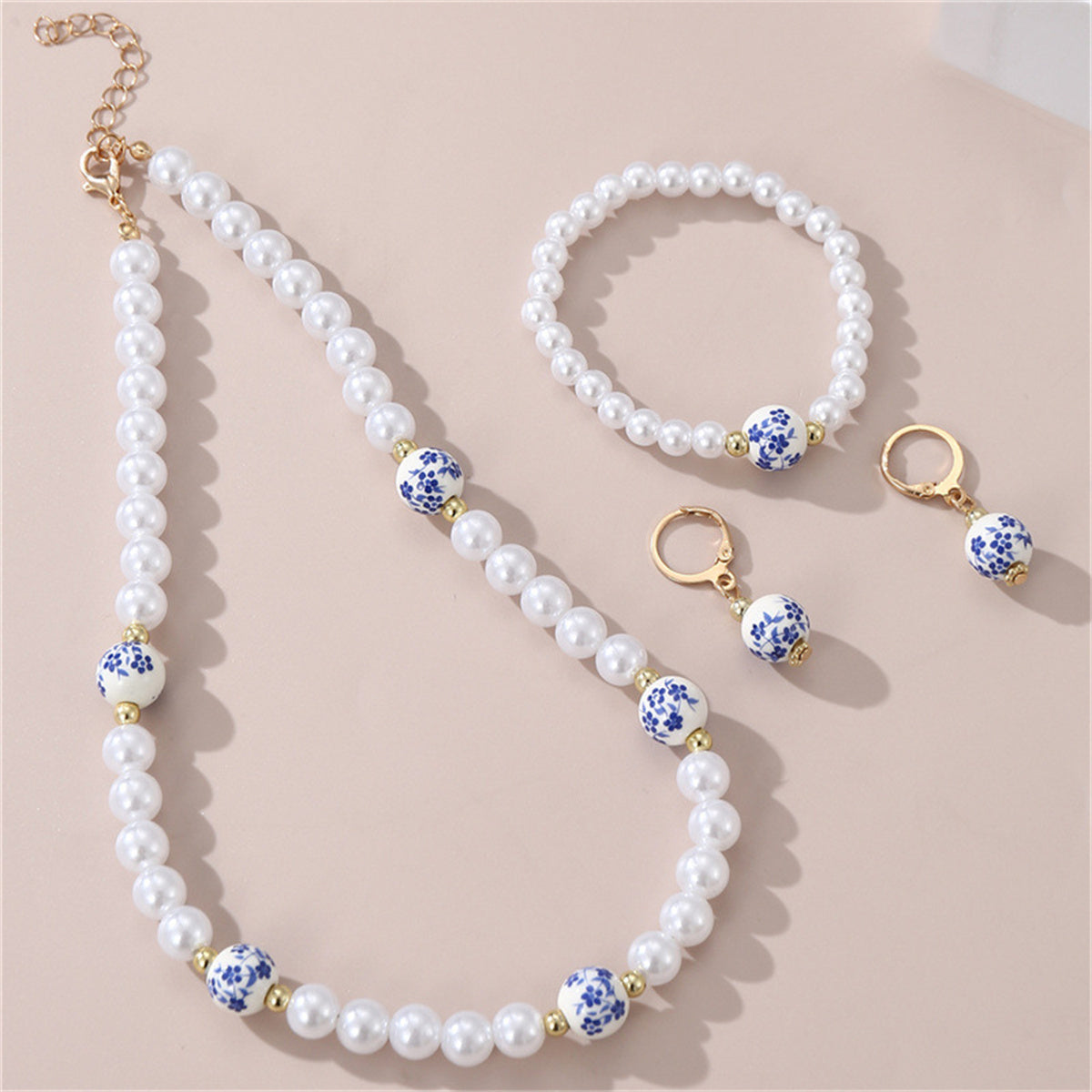 Children's 3-piece elegant temperament printed ceramic plum blossom shaped pearl jewelry set