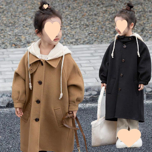 Girls woolen coat with hood, medium-length coat (hood is removable)