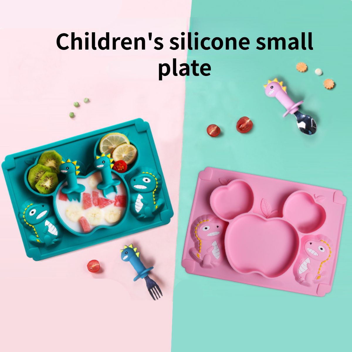 Cute food grade apple dinosaur children&#39;s silicone dinner plate