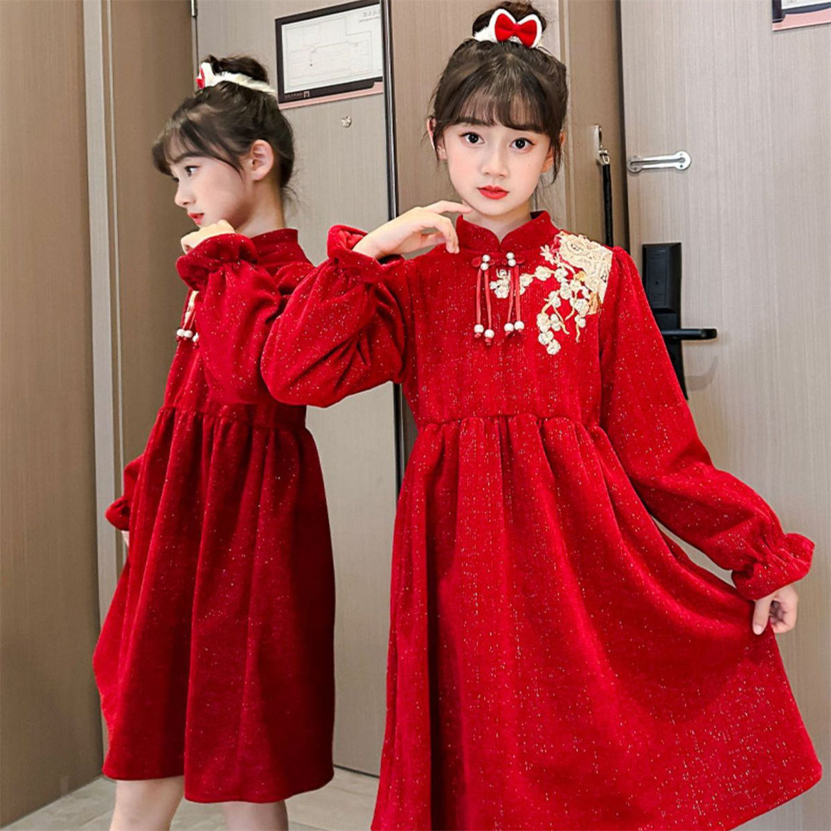 Winter red exquisite embroidered lady-style long-sleeved dress for middle and large girls