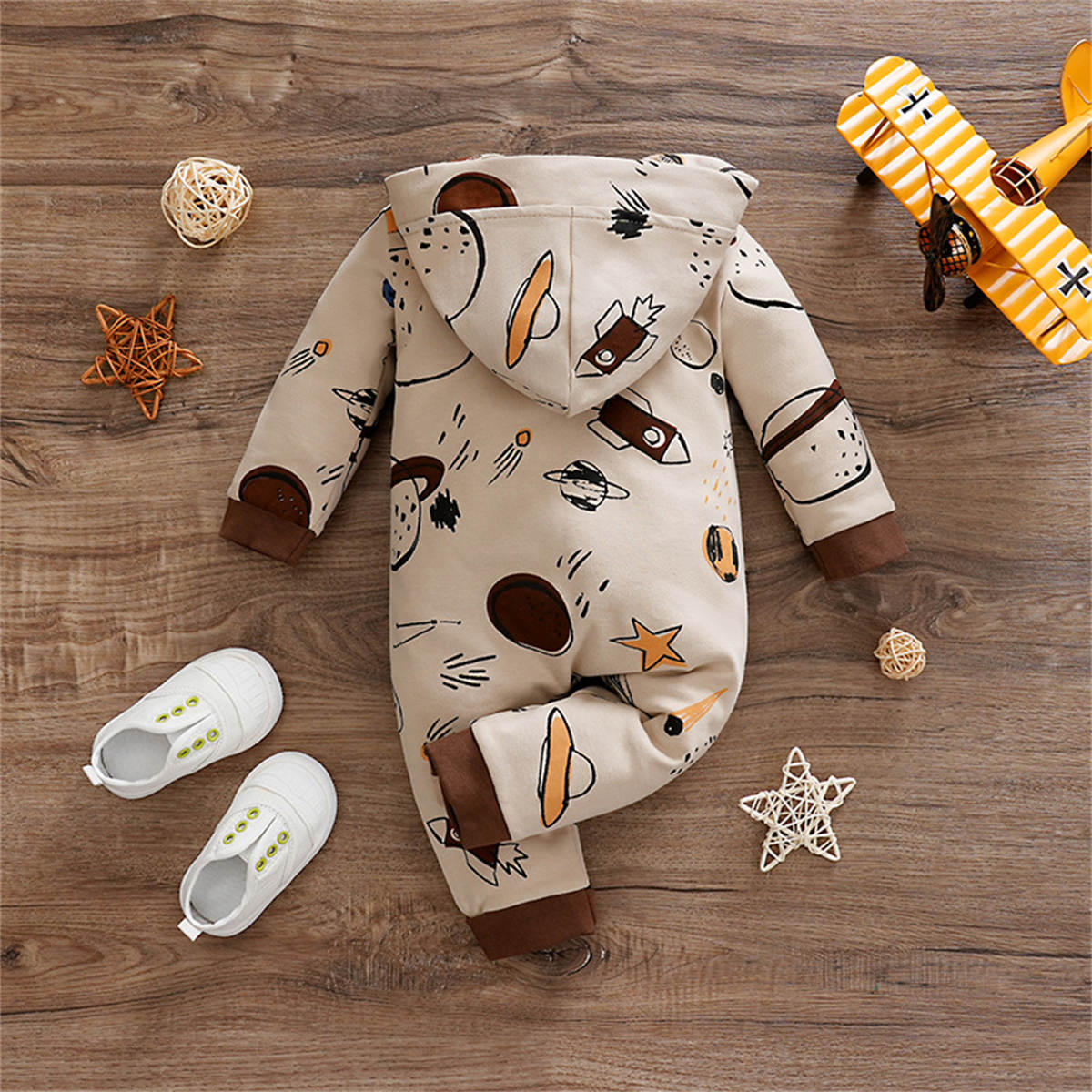 Baby Spring and Autumn Pure Cotton Planet Hooded Sweater Bodysuit