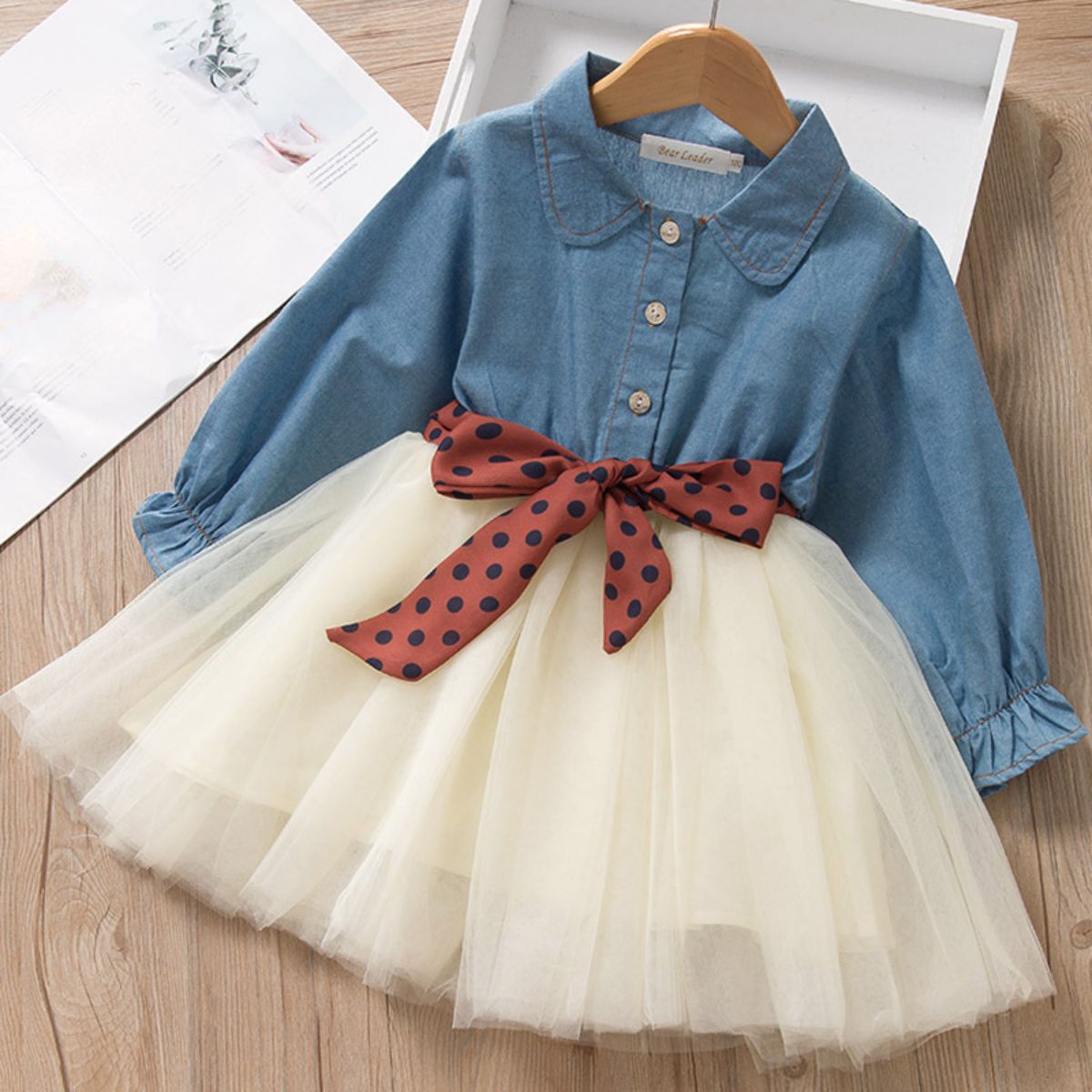 New autumn girls dress small and medium children's fashionable long-sleeved denim skirt polka dot belt skirt