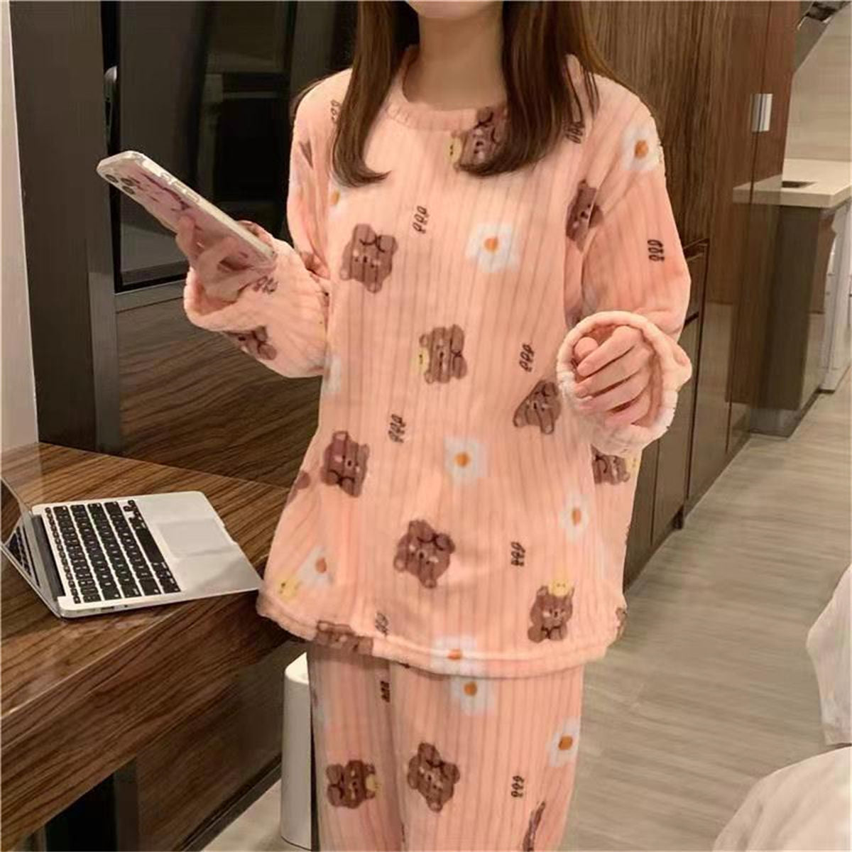 Bear bow print coral fleece suit home clothes