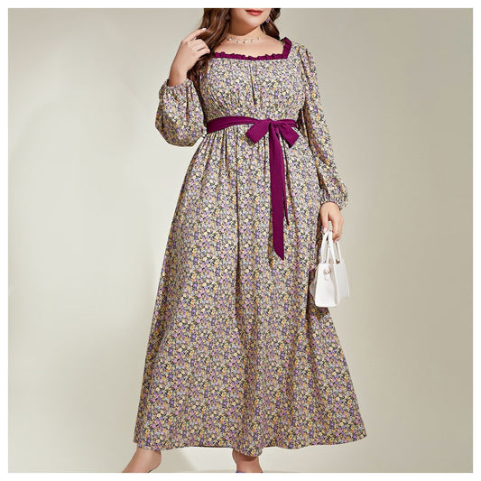 Colorblock Floral Print Square Neck Long Dress