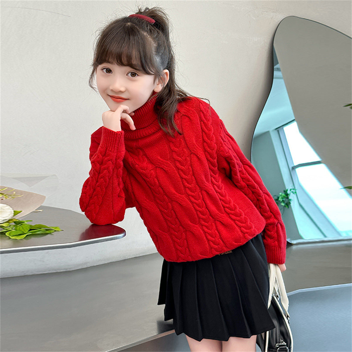 Children's Fashion Pullover Turtleneck Tops for Middle and Large Children Linen Bottom Knitted Sweaters