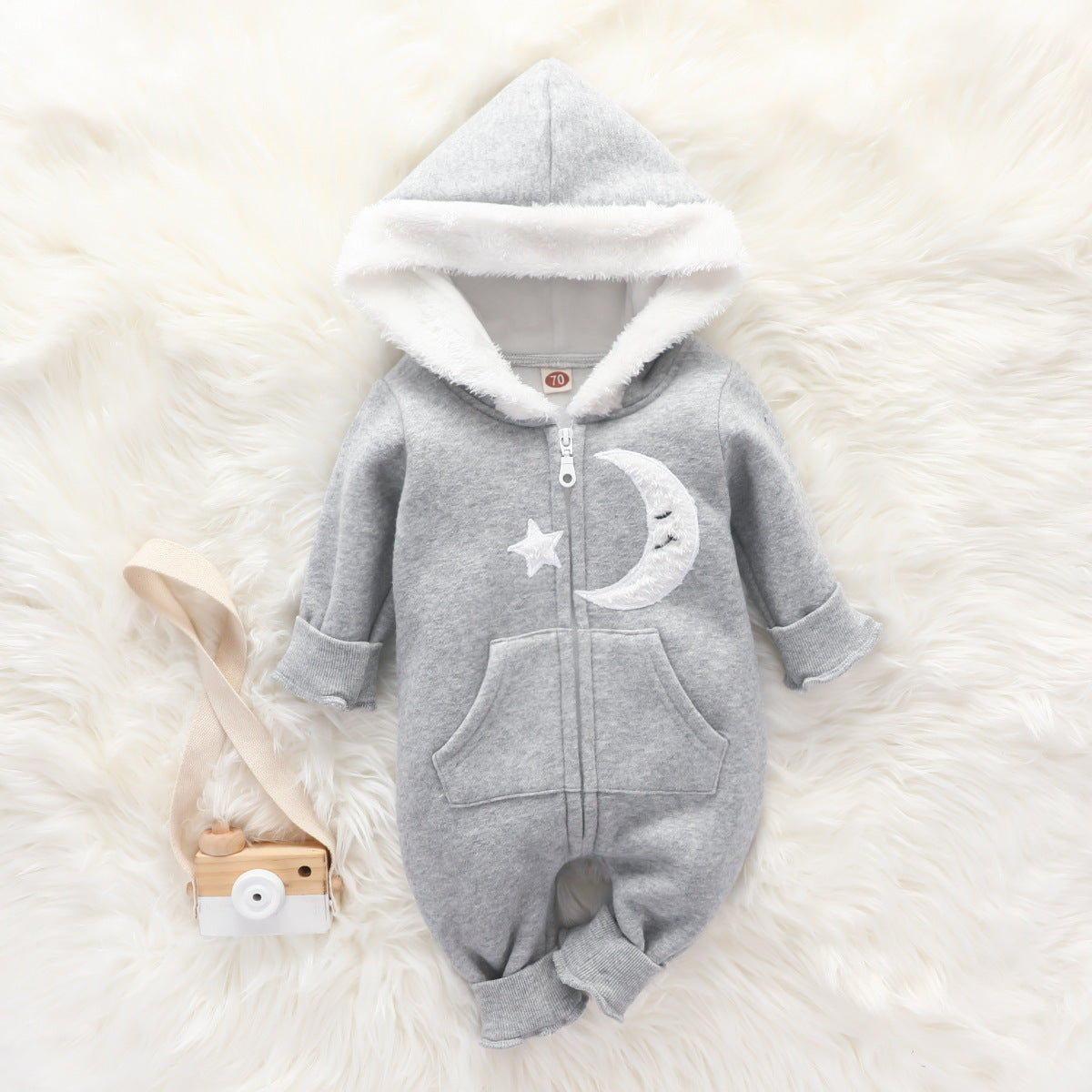 Baby Cute Furry Star Moon Printed Hooded Jumpsuit