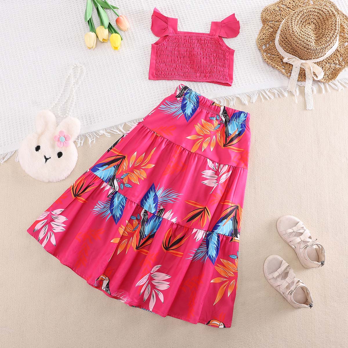 Summer Girls Ruffle Short Vest Swing Skirt Set Printed Holiday Style Set