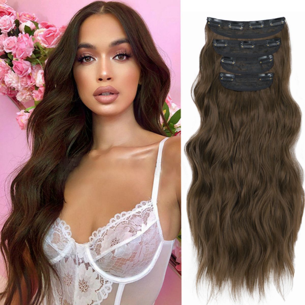 Aisi wig long curly wig female hair wig four-piece clip hair chemical fiber hair extension