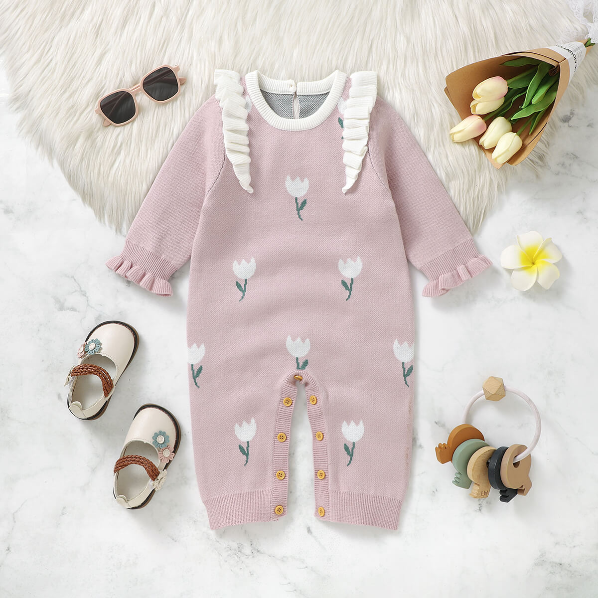 Baby autumn and winter long-sleeved tulip jacquard knitted long-legged romper