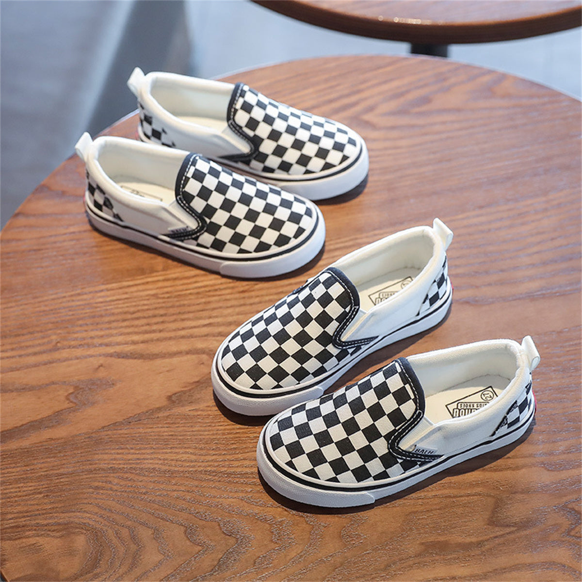 Children's Check Black and White Slip-On Canvas Shoes