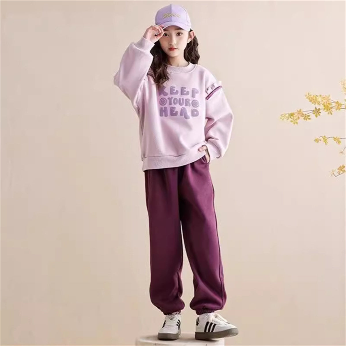 2-piece set for medium and large children and girls, simple and elegant style, letter style, small ruffled sweater suit