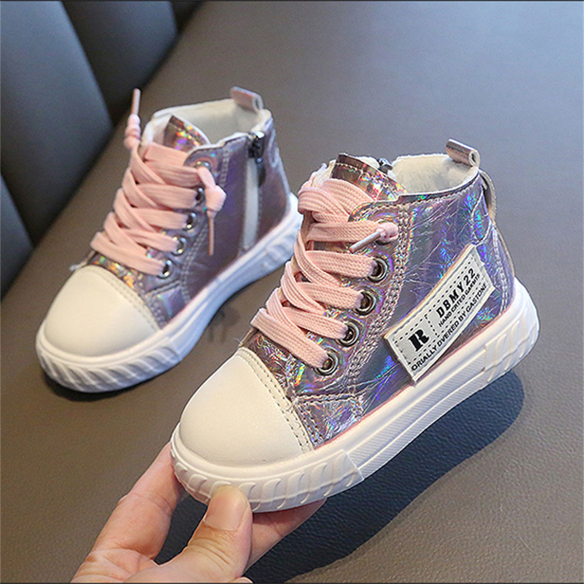 Winter velvet-lined bright-color sequined high-top canvas shoes for boys and girls