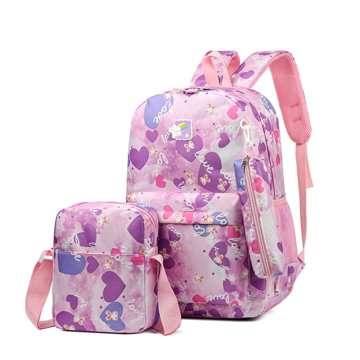 Three-piece backpack, sweet and cute leisure travel backpack, large capacity schoolbag for primary and secondary school students