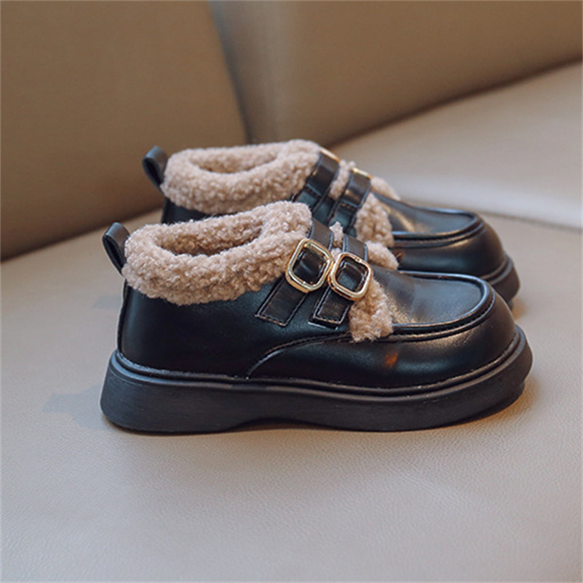 Children's girls' winter style British style plus velvet warm leather shoes low-top cotton shoes