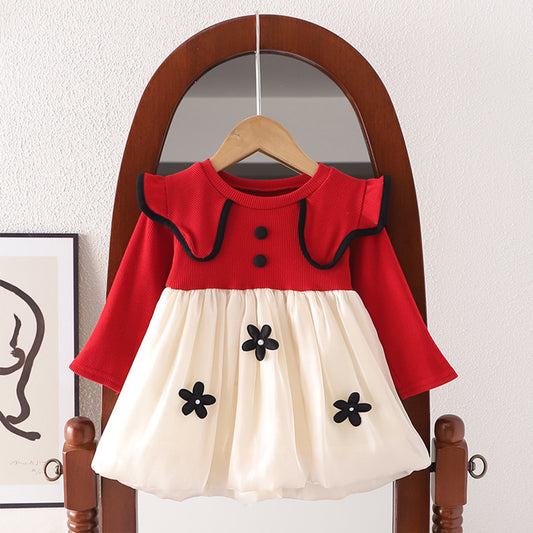 Spring and autumn new girls long-sleeved petal collar splicing twilight yarn sweet dress