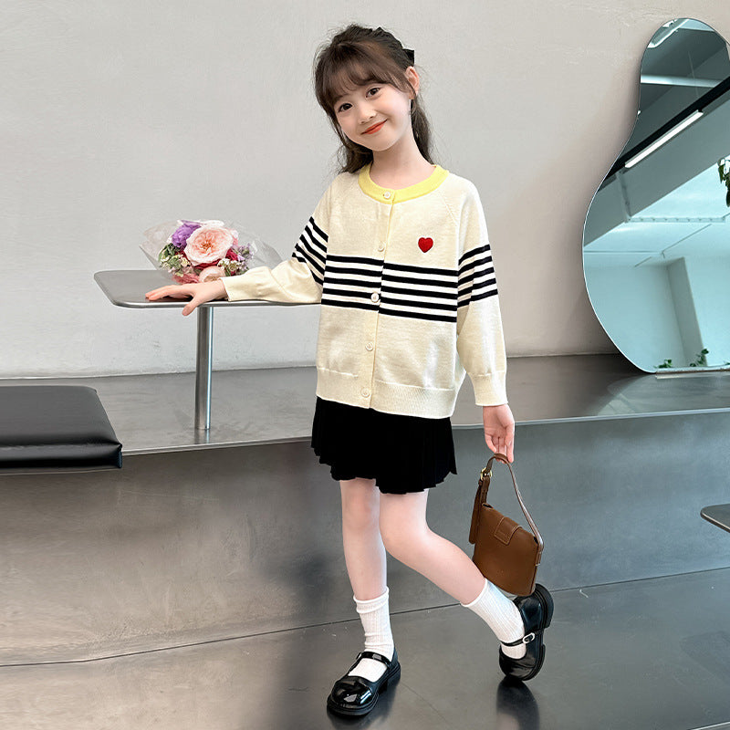 Sweet cotton outerwear sweater striped children's knitted top