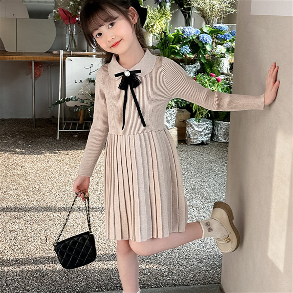 Girls Knitted Dress Cute Doll Collar Sweater Long Dress