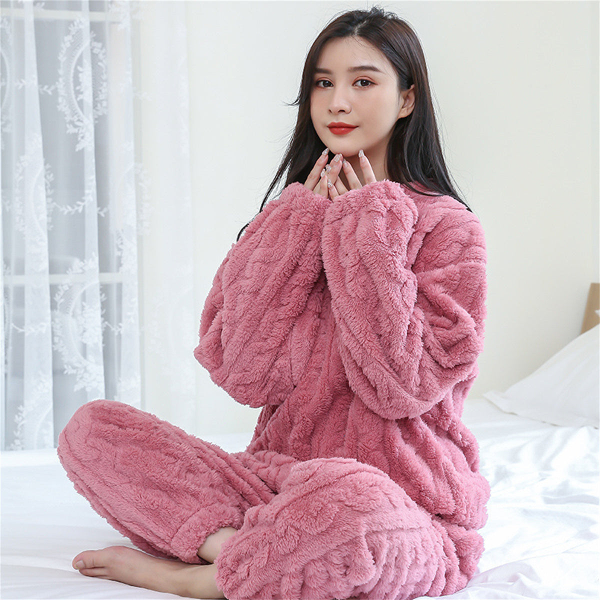 Coral fleece pajamas plus velvet thickened jacquard suit home clothes