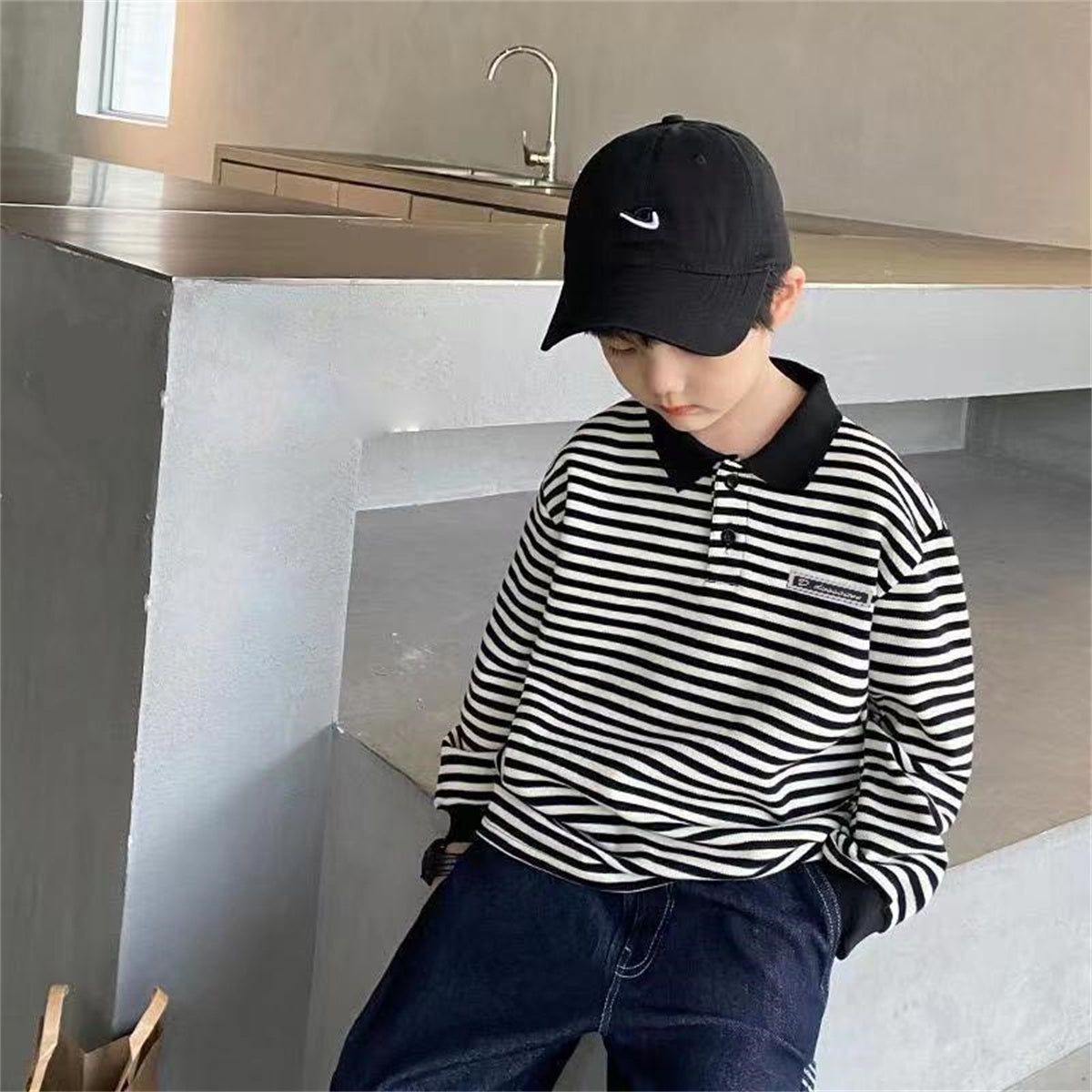 Children's long-sleeved POLO shirt black and white stripes fashion