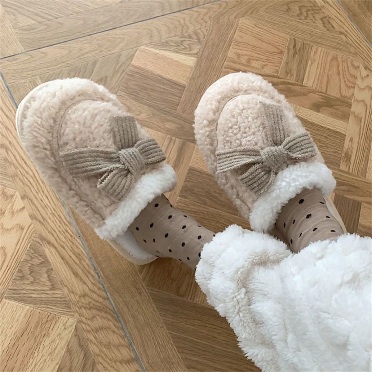 Bowknot warm non-slip plush cotton slippers