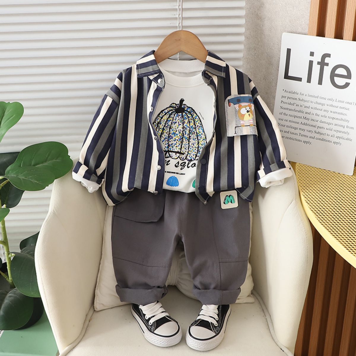 Children's autumn new cartoon animal shirt three-piece baby clothes autumn striped suit trendy