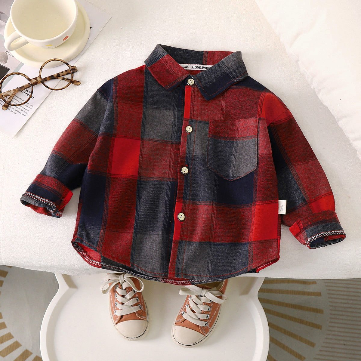 Autumn children's plaid coat shirt handsome casual long-sleeved shirt