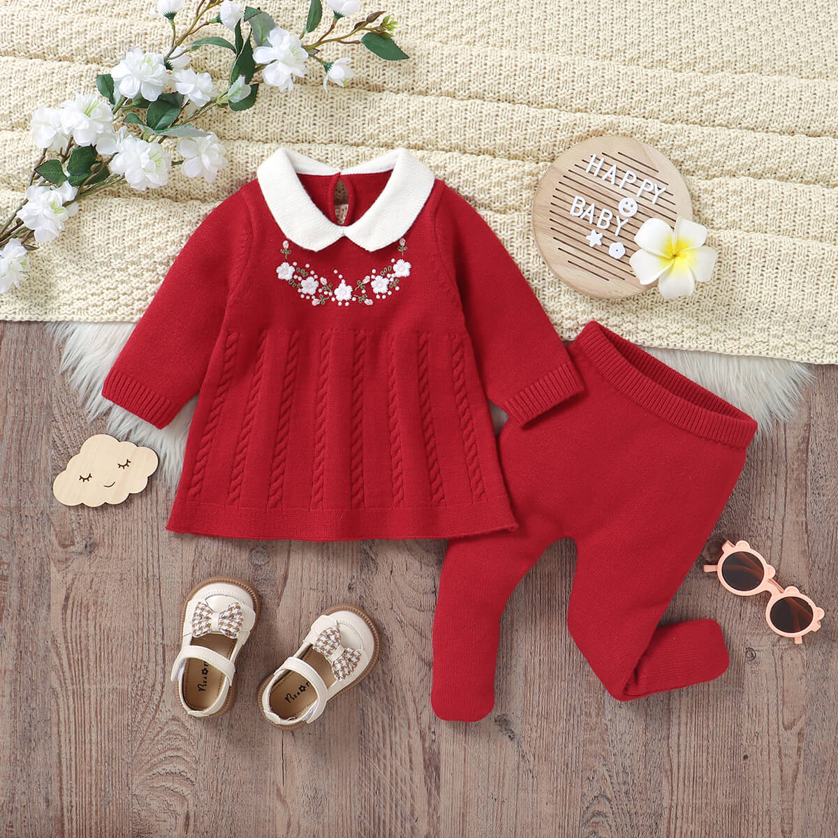 Infant knitted tops, hand-crocheted embroidered pullover sweater + foot-length socks and pants two-piece set