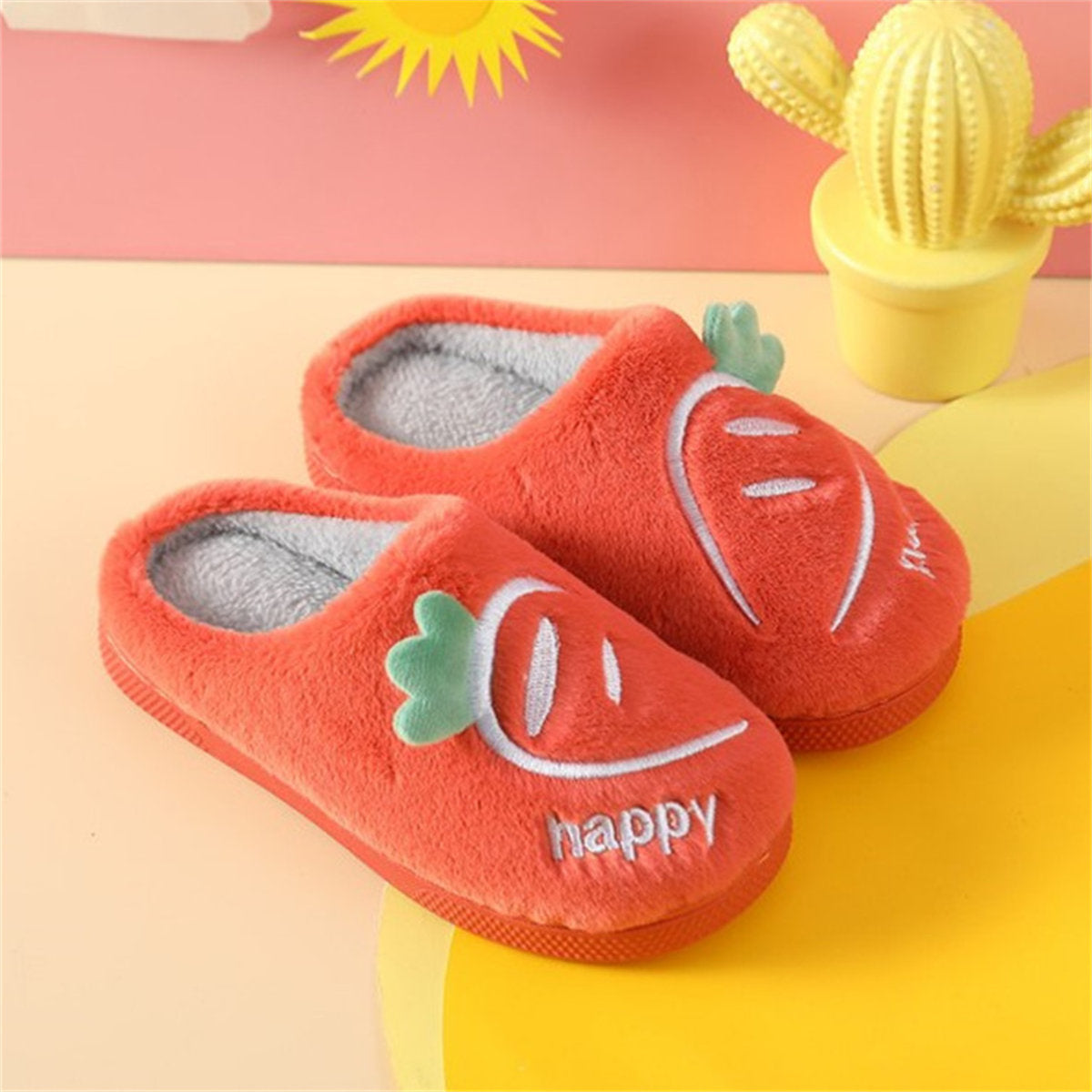 Cute carrot pattern warm cotton slippers for boys and girls in autumn and winter