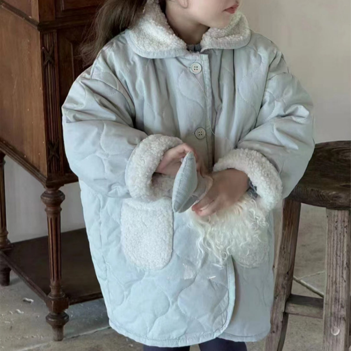 Girls autumn and winter style plus velvet warm cotton jacket children&#39;s stylish lapel cotton coat baby mid-length cotton coat