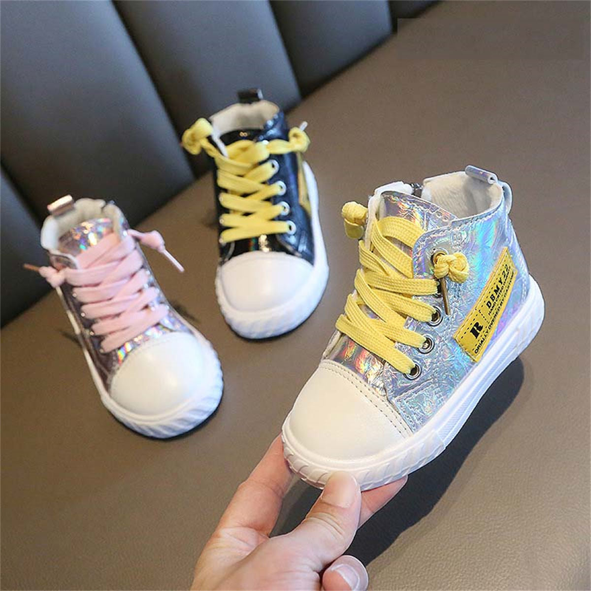 Winter velvet-lined bright-color sequined high-top canvas shoes for boys and girls