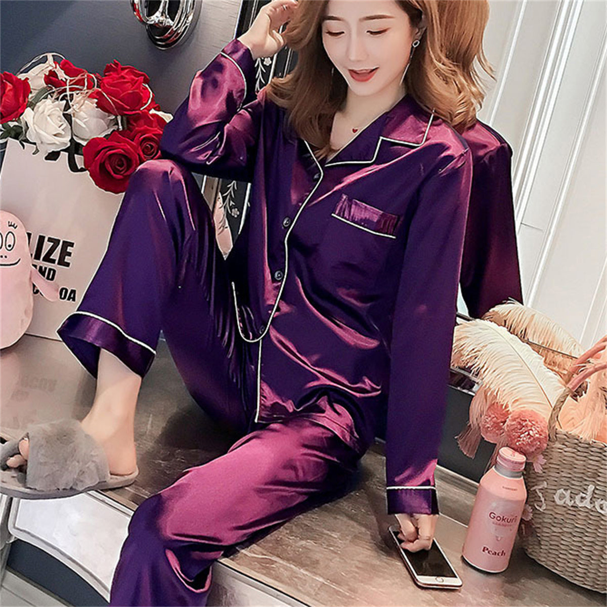 Women's 2-piece ice silk pajamas set